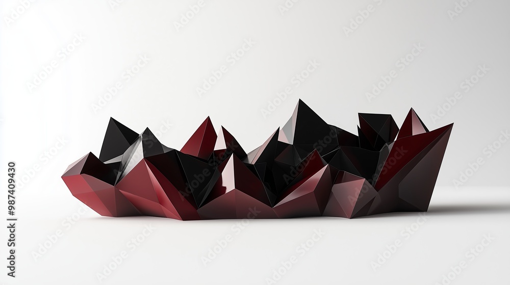 Poster an abstract sculpture made of black and red triangular shapes, showcasing modern design and artistic