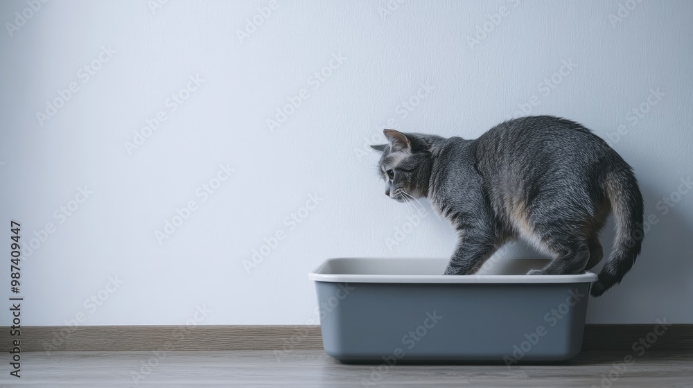 Poster side view of a cat climbing into a litter box, with a tidy space on the side for text or branding, s