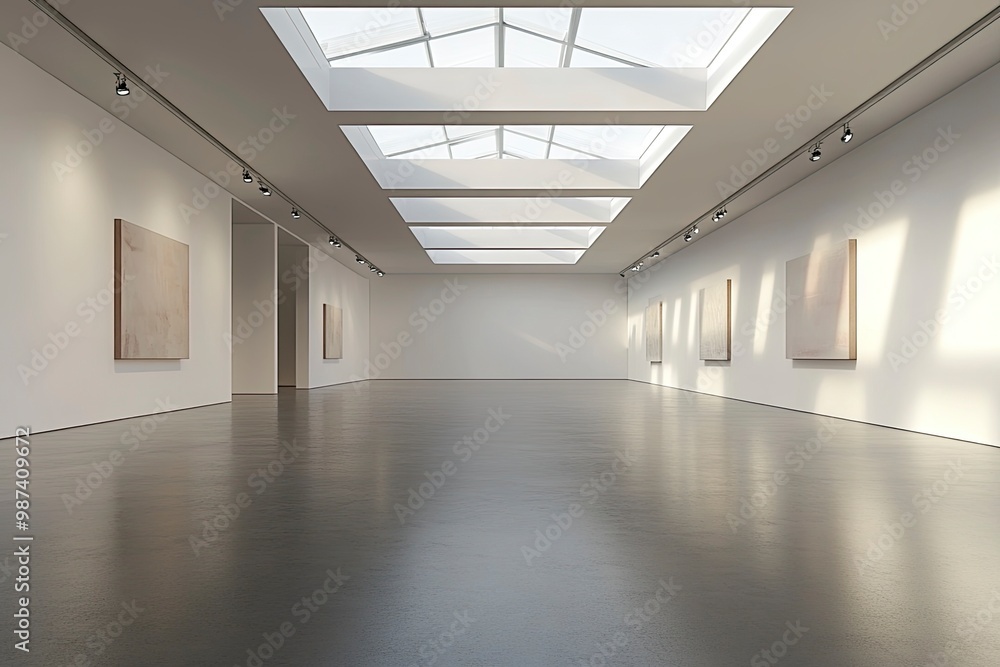 Poster an empty modern gallery room with blank walls and a high ceiling with skylights, on a grey backgroun
