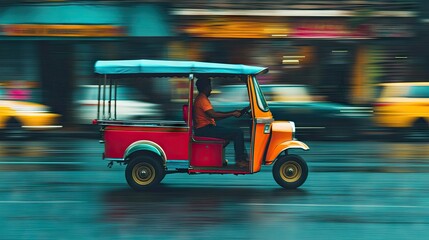 Side view of a colorful tuk tuk on a busy street, with a large blank area above for adding promotional text or product information.
