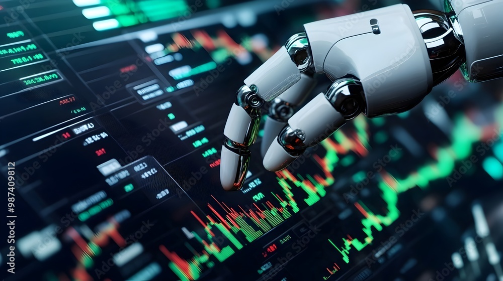 Poster futuristic 3d render of digital currency flowing from a robot hand into a virtual market representin