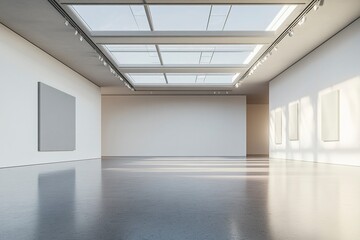 An empty modern gallery room with blank walls and a high ceiling with skylights, on a grey background, concept of a contemporary art space. generative ai