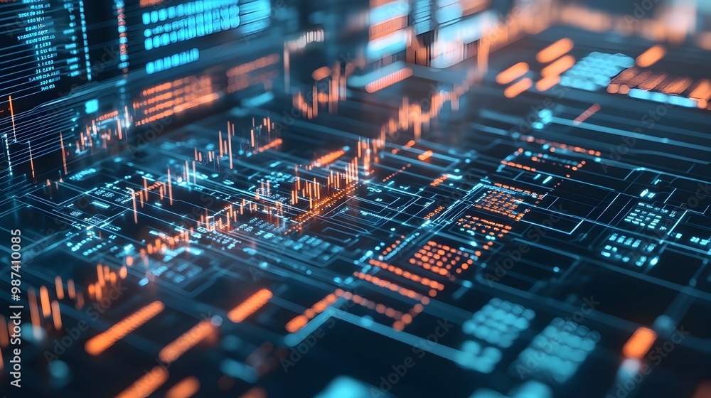 Poster futuristic abstract visual of circuits and market numbers merging into one showcasing the concept of