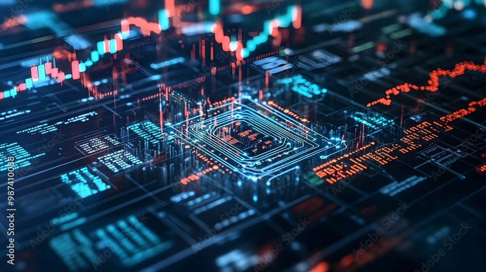 Poster futuristic ai powered digital finance concept merging circuits and market data abstract visual repre