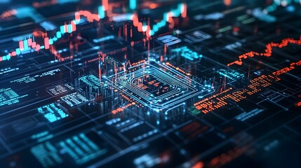 Futuristic AI Powered Digital Finance Concept Merging Circuits and Market Data  Abstract visual representation of intelligence and robotic intelligence driving financial decisions and market analysis