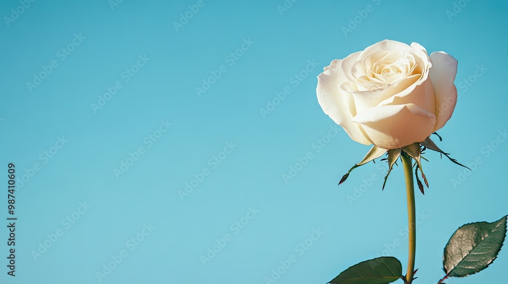 Poster side view of a single white rose with a clear blue sky in the background, creating ample copy space 