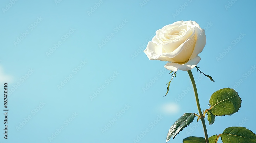 Poster side view of a single white rose with a clear blue sky in the background, creating ample copy space 