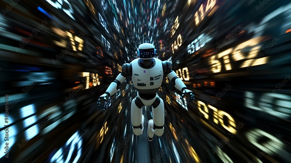 Poster futuristic digital figures and robotic shapes floating in a virtual trading space navigating global 