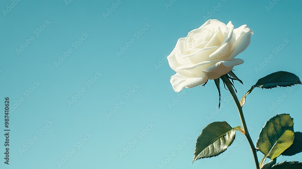 Poster side view of a single white rose with a clear blue sky in the background, creating ample copy space 
