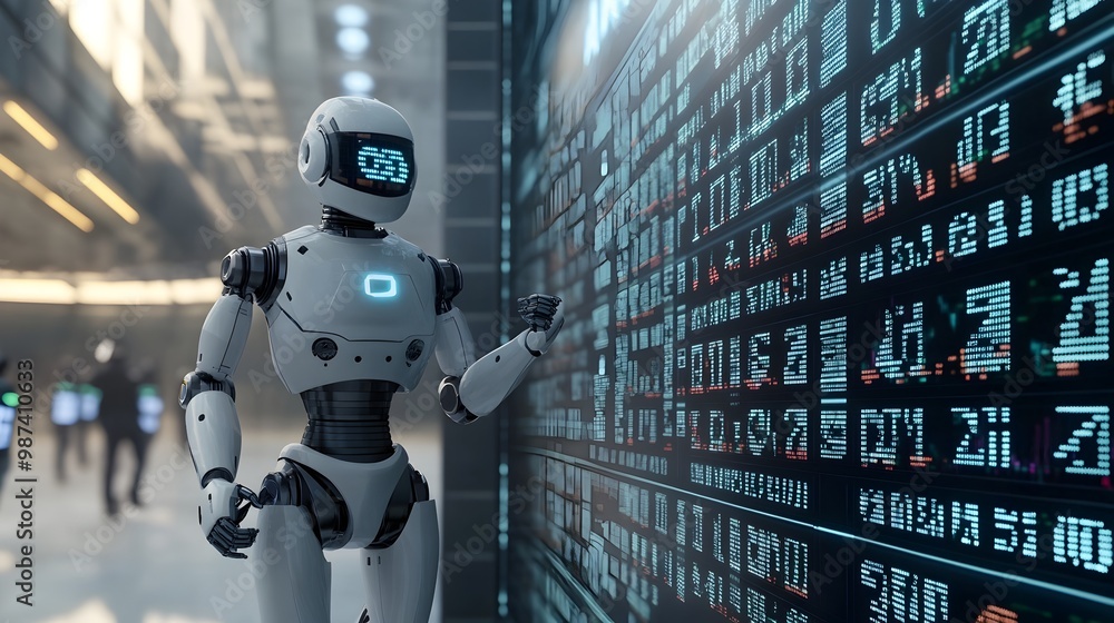 Poster futuristic digital numbers and robotic figures floating in a virtual trading space navigating the gl