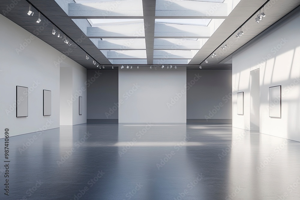 Poster an empty modern gallery room with blank walls and a high ceiling with skylights, on a grey backgroun