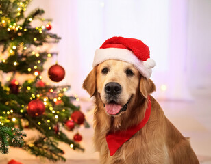 Golden Retriever dog in holiday outfit with red Santa hat in front of Christmas tree and lights.