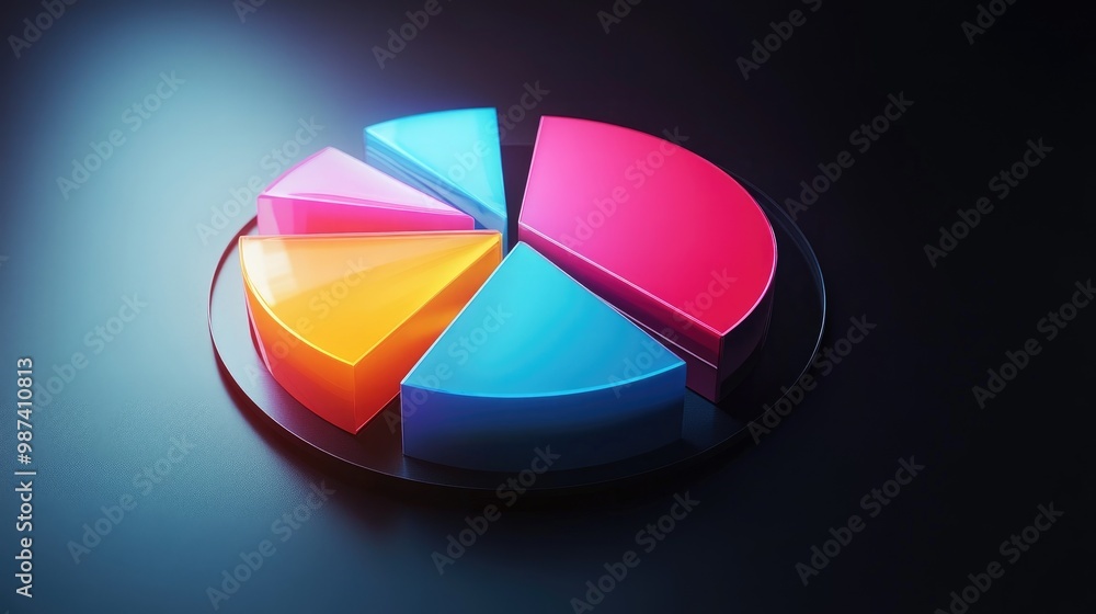 Poster a striking 3d pie chart displayed on a sleek digital screen, showcasing vibrant colors that represen