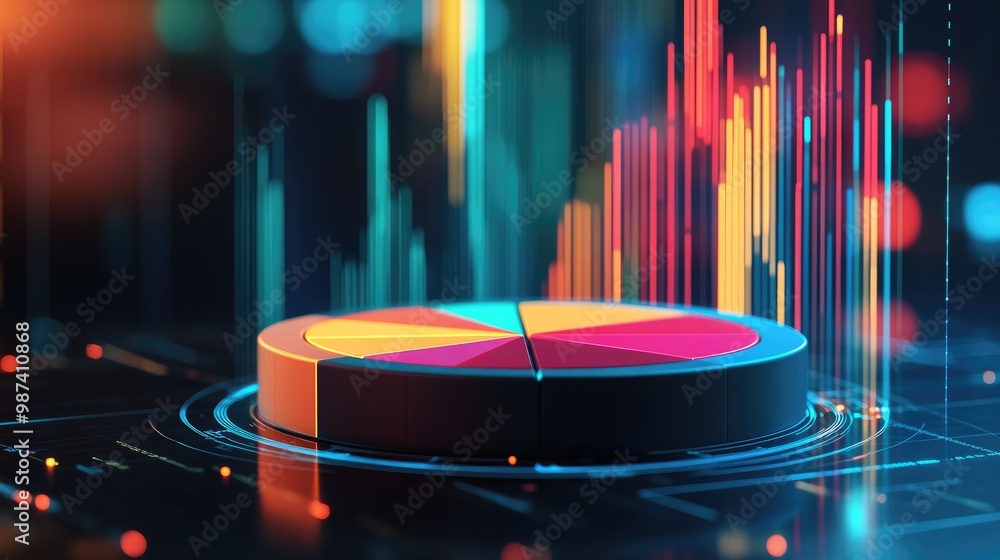 Poster A striking 3D pie chart displayed on a sleek digital screen, showcasing vibrant colors that represent different data segments, illustrating effective data visualization.