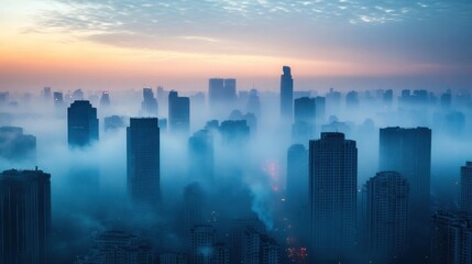 A city skyline darkened by thick smog, showing the severe impact of air pollution on urban populations and the environment
