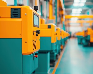 Fototapeta premium Factory floor with plastic molding machines creating precision parts, streamlined production process