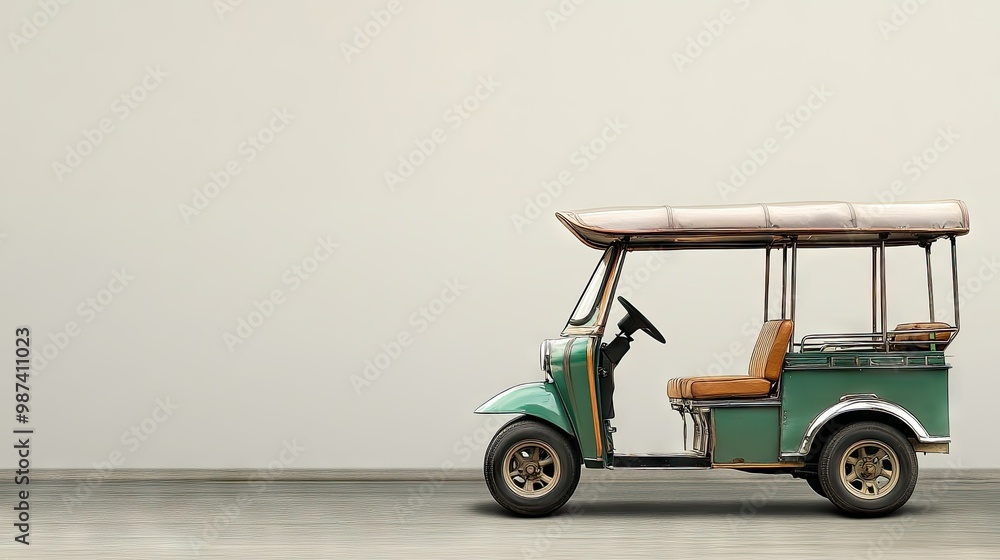 Fototapete Side view of a tuk tuk with a neutral background, providing ample space on the left for text or promotional material.