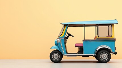 Side view of a tuk tuk with a neutral background, providing ample space on the left for text or promotional material.