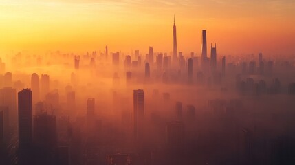A city skyline obscured by smog, illustrating the impact of air pollution on urban life and the need for clean energy solutions
