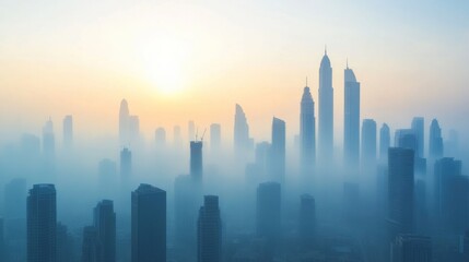 Fototapeta premium A city skyline obscured by smog, illustrating the impact of air pollution on urban life and the need for clean energy solutions