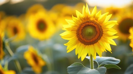 Side view of a vibrant sunflower field with a wide-open space at the top for adding copy or product details