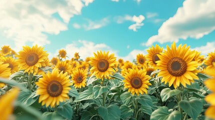 Fototapeta premium Side view of a vibrant sunflower field with a wide-open space at the top for adding copy or product details