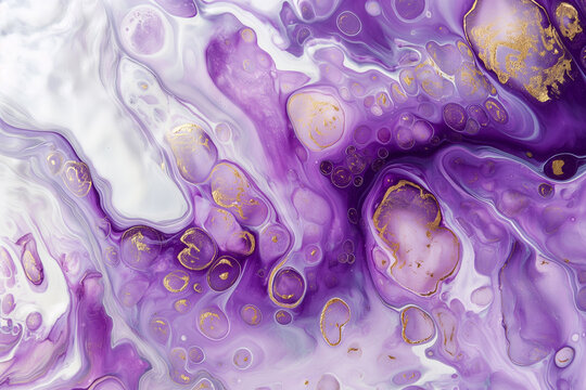 Abstract background featuring purple and white colors with gold veining and bubble details. Acrylic painting style. Template pattern for banner, poster design.