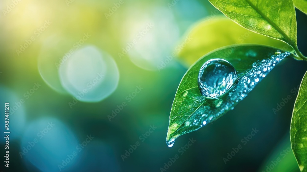 Poster side view of a water droplet on a leaf with a blurred background, creating ample copy space on the r