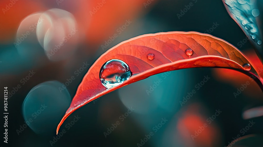 Poster side view of a water droplet on a leaf with a blurred background, creating ample copy space on the r