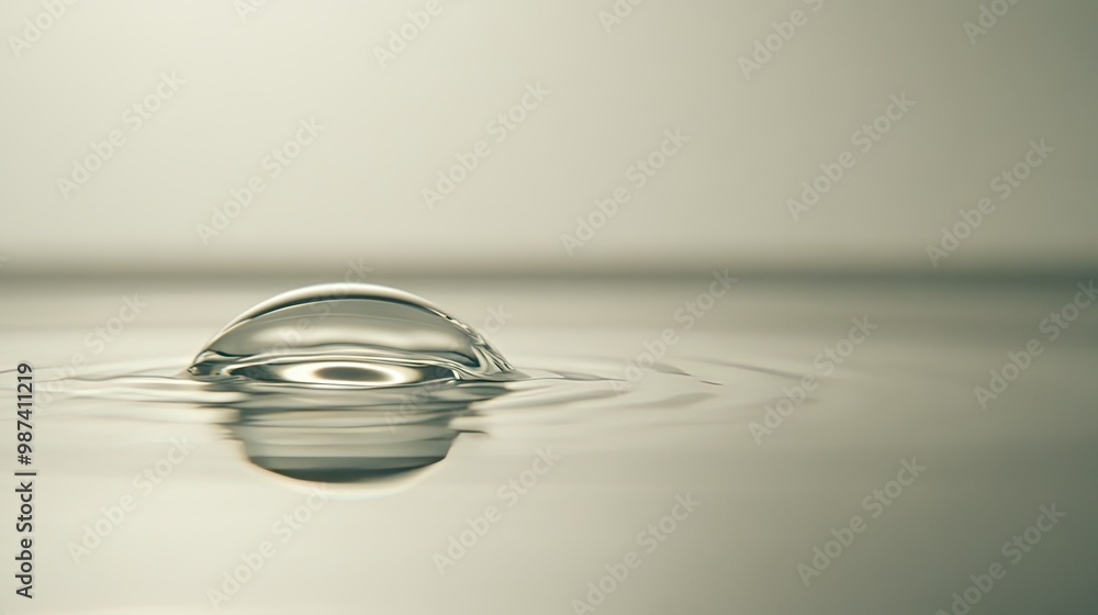 Poster side view of a water droplet on a smooth surface, with a clean, empty background creating ample spac