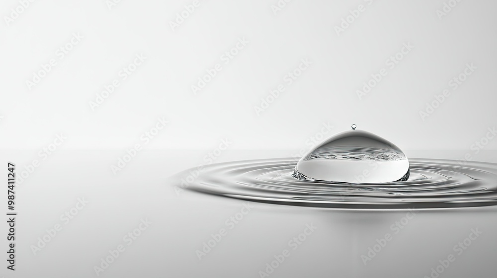 Poster side view of a water droplet on a smooth surface, with a clean, empty background creating ample spac
