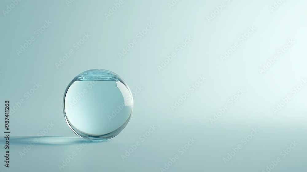 Poster side view of a water droplet on a smooth surface, with a clean, empty background creating ample spac