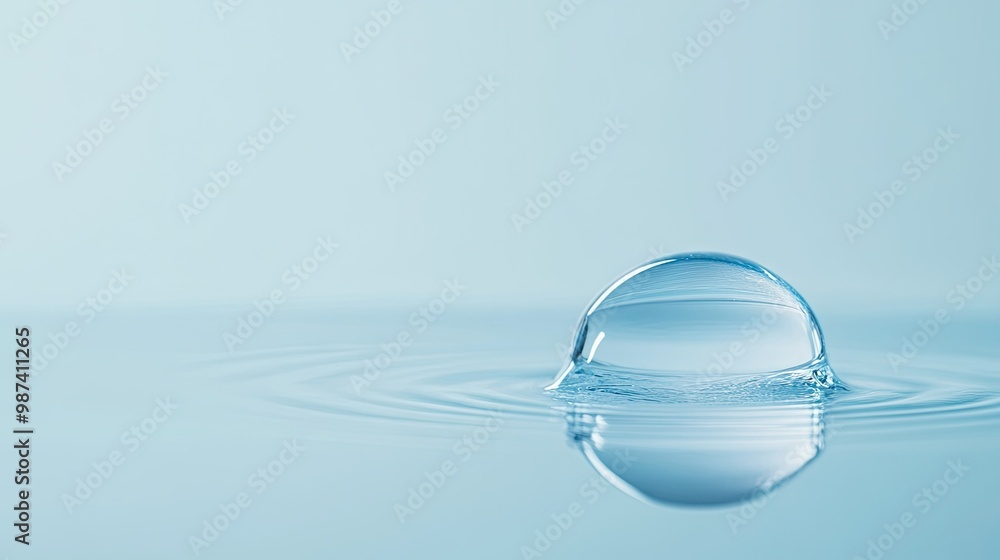 Poster side view of a water droplet on a smooth surface, with a clean, empty background creating ample spac