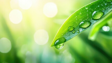 Side view of a water droplet on a leaf with a blurred background, creating ample copy space on the right side for advertising.