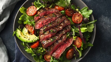 A stunning overhead view of a steak salad, featuring sliced steak over mixed greens, cherry tomatoes, and avocado, combining healthiness with indulgence.