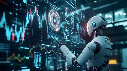 Fototapeta premium Futuristic holographic projection of a complex algorithm powering an AI driven robotic trader forecasting financial models and data analytics for the market and economy Advanced technology