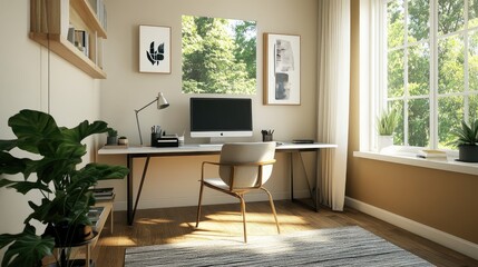 Naklejka premium A stylish home office in a minimalist design, with a clean desk, ergonomic chair, and minimal decor, promoting productivity and focus.