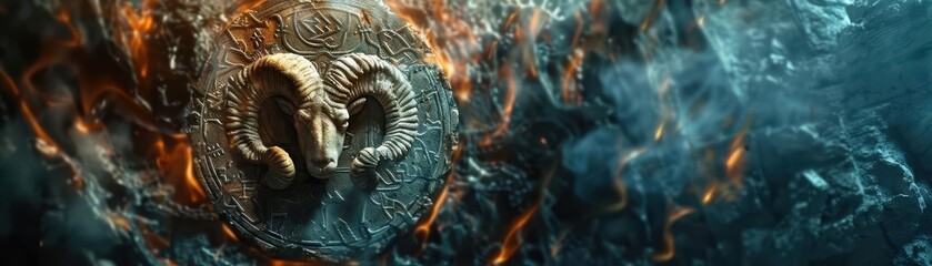 Aries ram symbol carved from ancient stone, surrounded by glowing runes and mystical smoke, dark fantasy style, sharp focus, high-detail