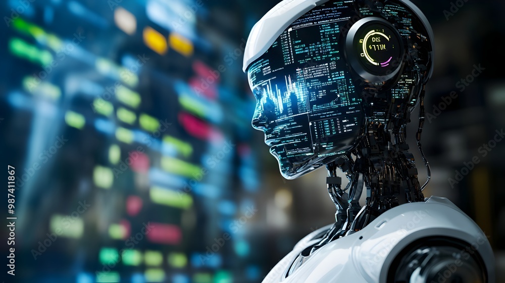 Poster futuristic of holographic financial data and analytics projected from a robotic head showcasing the 