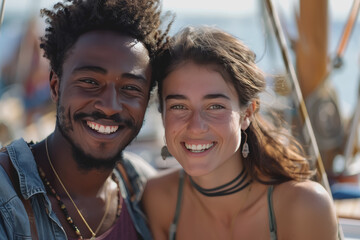 Obraz premium Smiling young mixed race couple enjoying sailboat ride on sunny summer day.