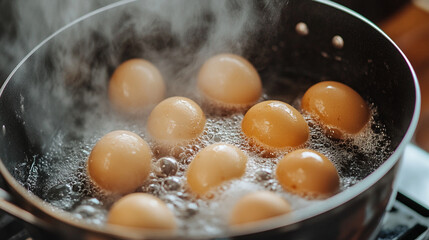 egg boiling in pot, boiled egg, breakfast 