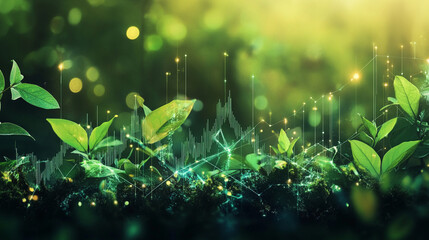 green grass with technology line, eco wireframe, 