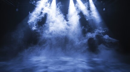 A swirling fog of smoke in a darkened room, with beams of light cutting through, creating a dramatic and atmospheric effect perfect for theatrical performances.