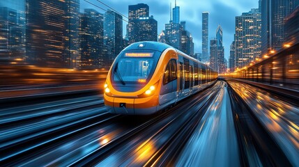 Fast-moving yellow train in Chicago city with motion blur, city lights, photo-realistic, high-resolution, professional color grading, bokeh effect, soft shadows, low contrast
