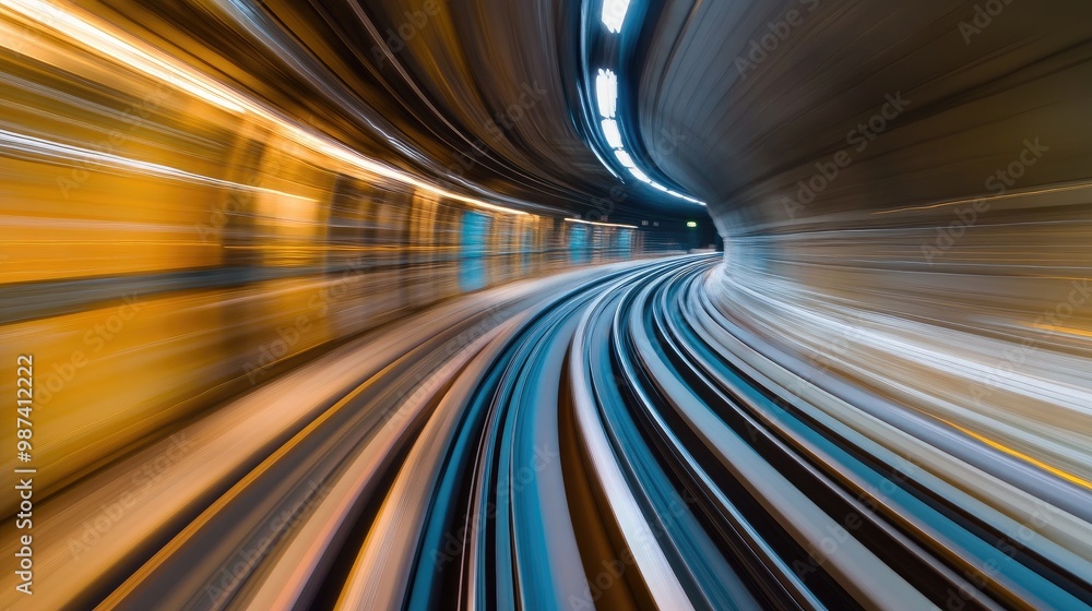 Poster a time-lapse image capturing the motion of a train as it speeds through the tunnel, emphasizing the 