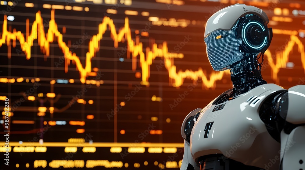Poster futuristic robot trader intently studying a glowing holographic chart utilizing advanced intelligenc