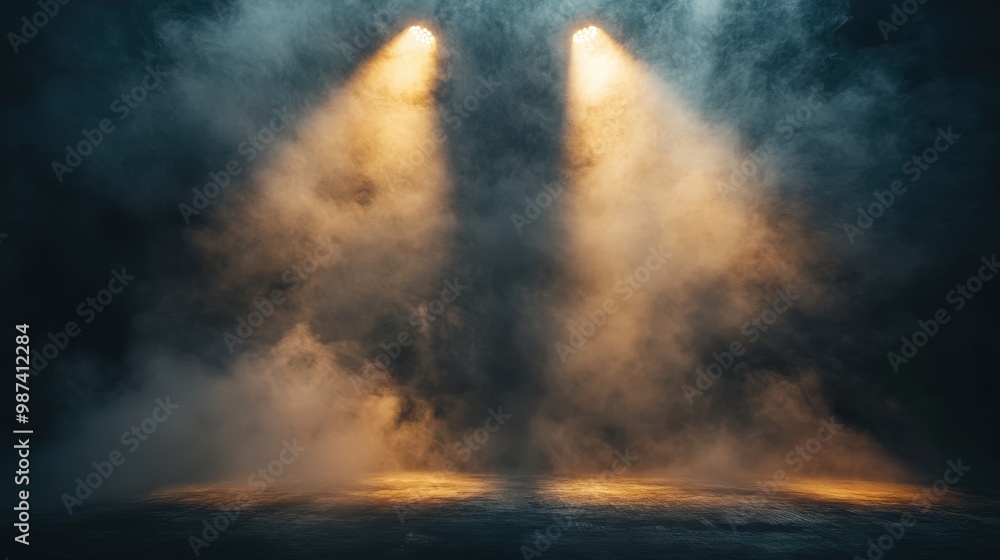 Poster two spotlights on an empty stage with fog effect