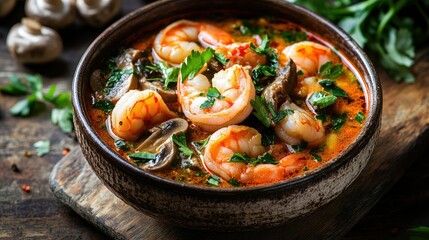 Thai Tom Yum Goong with shrimp and mushrooms, topped with fresh herbs, presented in a ceramic bowl on a rustic wooden surface.