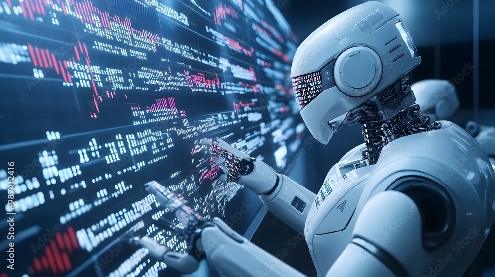 Poster futuristic trading bots autonomously exchanging complex binary code instead of traditional currency 