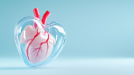 3D render of heart encased in glass heart shape, showcasing intricate details and vibrant colors. This artistic representation symbolizes love and life